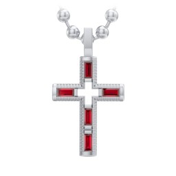 Men’s Baguette Birthstone Cross Pendant in 925 Sterling Silver with Garnet
