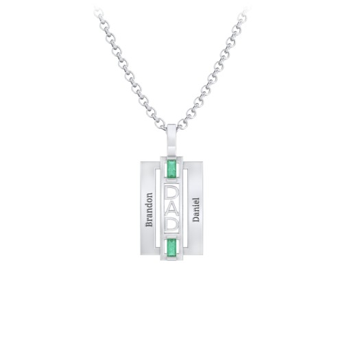 Men’s Engravable 2-Stone “Dad” Pendant – Sterling Silver with Emerald