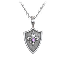 Men's Fleur-de-lis Hero Shield Pendant with Gemstone in 925 Sterling Silver with Amethyst
