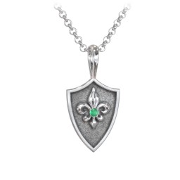 Men's Fleur-de-lis Hero Shield Pendant with Gemstone in 925 Sterling Silver with Emerald