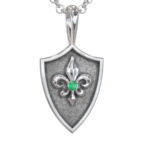 Men's Fleur-de-lis Hero Shield Pendant with Gemstone – Sterling Silver with Emerald