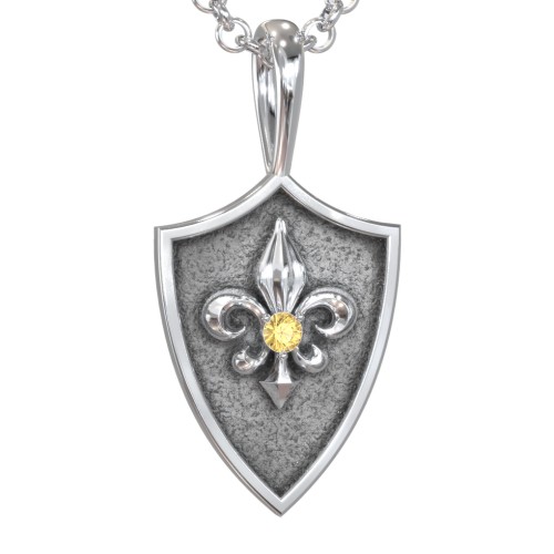 Men's Fleur-de-lis Hero Shield Pendant with Gemstone – Sterling Silver with Citrine