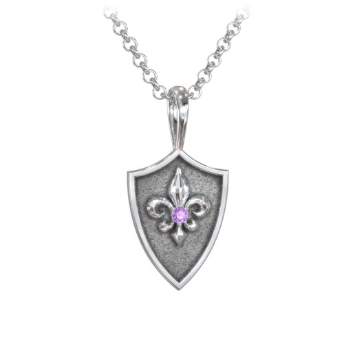 Men's Fleur-de-lis Hero Shield Pendant with Gemstone – Sterling Silver with Amethyst