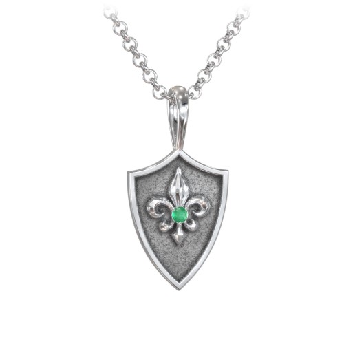Men's Fleur-de-lis Hero Shield Pendant with Gemstone – Sterling Silver with Emerald