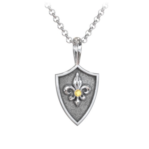 Men's Fleur-de-lis Hero Shield Pendant with Gemstone – Sterling Silver with Citrine