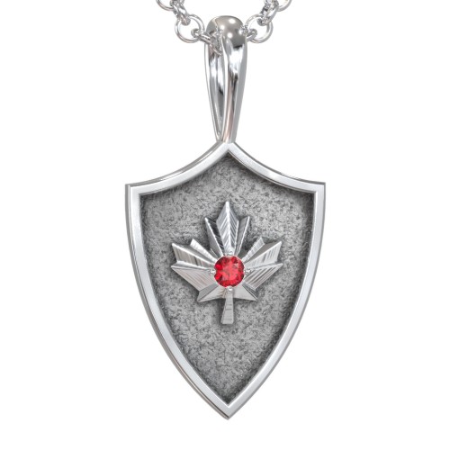 Men's Maple Leaf Hero Shield Pendant with Gemstone – Sterling Silver with Garnet