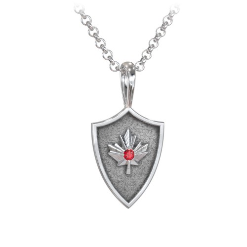 Men's Maple Leaf Hero Shield Pendant with Gemstone – Sterling Silver with Garnet