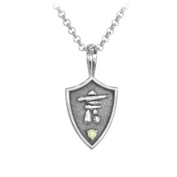 Men's Inukshuk Hero Shield Pendant with Gemstone in 925 Sterling Silver with Peridot