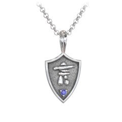 Men's Inukshuk Hero Shield Pendant with Gemstone – Sterling Silver with Blue Sapphire