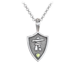 Men's Inukshuk Hero Shield Pendant with Gemstone in 925 Sterling Silver with Peridot
