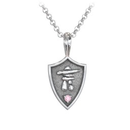 Men's Inukshuk Hero Shield Pendant with Gemstone in 925 Sterling Silver with Pink Tourmaline