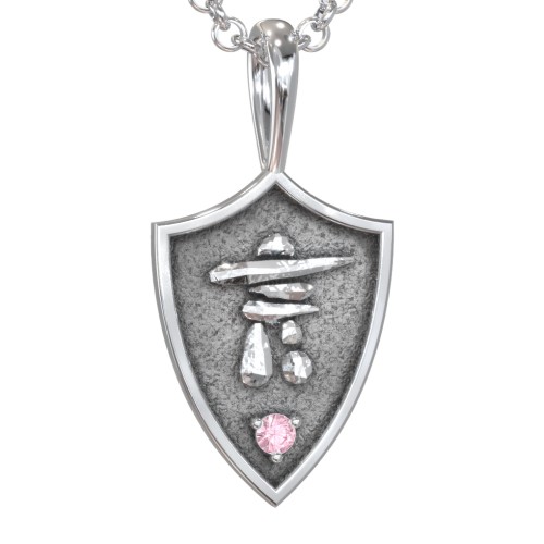 Men's Inukshuk Hero Shield Pendant with Gemstone – Sterling Silver with Pink Tourmaline
