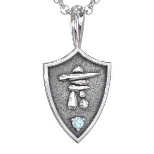 Men's Inukshuk Hero Shield Pendant with Gemstone – Sterling Silver with Blue Topaz