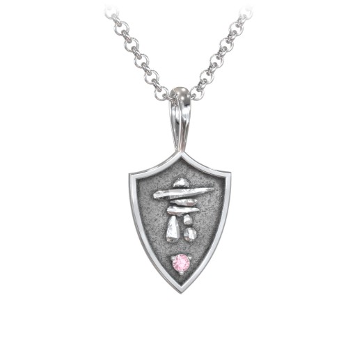 Men's Inukshuk Hero Shield Pendant with Gemstone – Sterling Silver with Pink Tourmaline