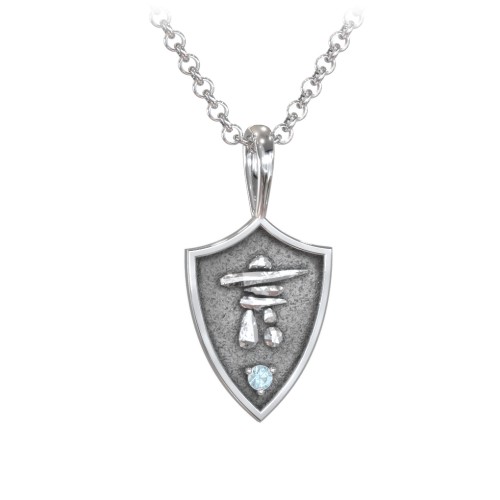Men's Inukshuk Hero Shield Pendant with Gemstone – Sterling Silver with Blue Topaz