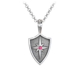 Men's Starburst Hero Shield Pendant with Gemstone in 925 Sterling Silver with Ruby