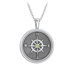 Men's Engravable Compass Necklace with Gemstone in 925 Sterling Silver with Peridot