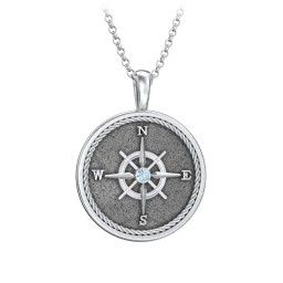 Men's Engravable Compass Necklace with Gemstone in 925 Sterling Silver with Blue Topaz