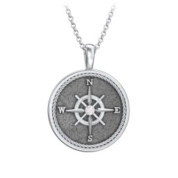 Men's Engravable Compass Necklace with Gemstone in 925 Sterling Silver with Diamond