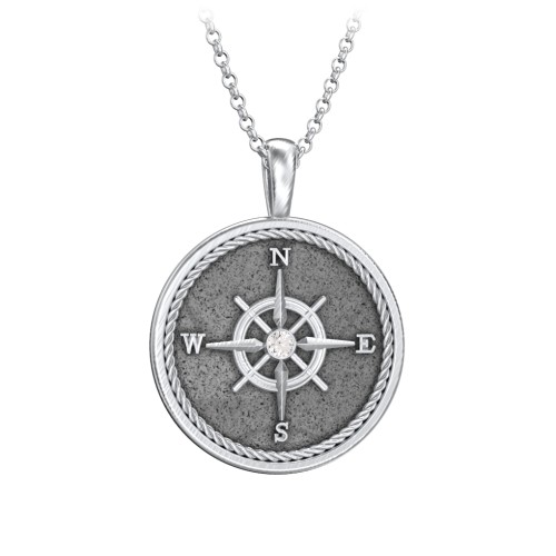 Men's Engravable Compass Necklace with Gemstone – Sterling Silver with Cubic Zirconia