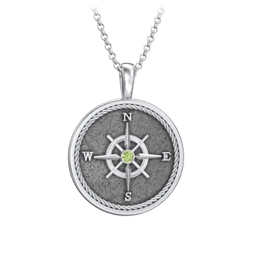 Men's Engravable Compass Necklace with Gemstone – Sterling Silver with Peridot