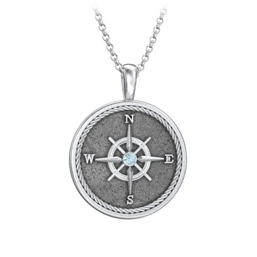 Men's Engravable Compass Necklace with Gemstone – Sterling Silver with Blue Topaz