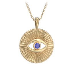 Men's Evil Eye Disc Necklace with Gemstone in 10K Solid Yellow Gold with Blue Sapphire