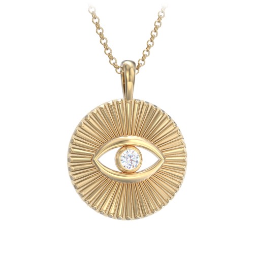 Men's Evil Eye Disc Necklace with Gemstone – 10K Yellow Gold with Diamond