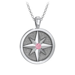 Men's Engravable North Star Disc Necklace with Gemstone in 925 Sterling Silver with Pink Tourmaline