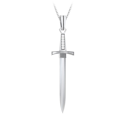 Men's Engravable Sword Necklace with Accent Stones – Sterling Silver with Diamond