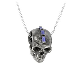 Men's Skull Necklace with Baguette Gemstone Mohawk