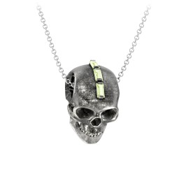 Men's Skull Necklace with Baguette Gemstone Mohawk in 925 Sterling Silver with Peridot