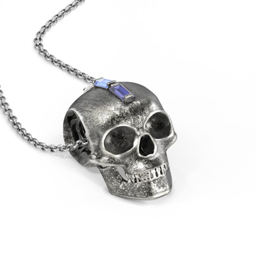 Men's Skull Necklace with Baguette Gemstone Mohawk – Sterling Silver with Blue Sapphire, Blue Topaz, and Cubic Zirconia