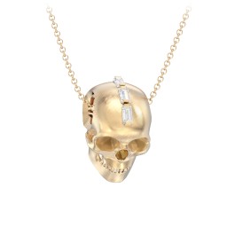 Men's Skull Necklace with Baguette Gemstone Mohawk in 10K Solid Yellow Gold with Diamond and Cubic Zirconia