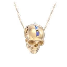 Men's Skull Necklace with Baguette Gemstone Mohawk in 10K Solid Yellow Gold with Blue Sapphire, Blue Topaz, and Cubic Zirconia