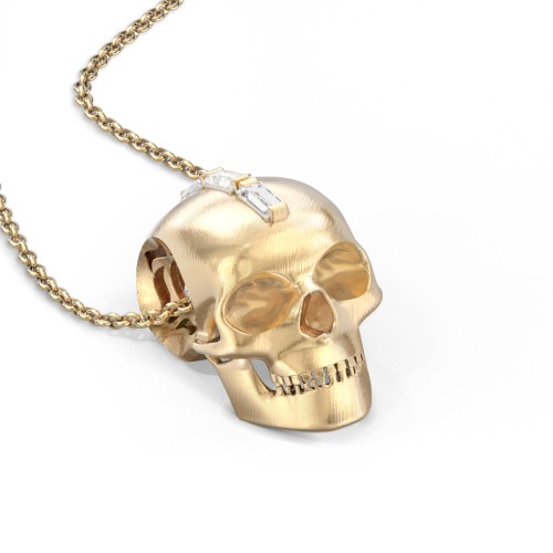 Men's Skull Necklace with Baguette Gemstone Mohawk – 10K Yellow Gold with Diamond and Cubic Zirconia