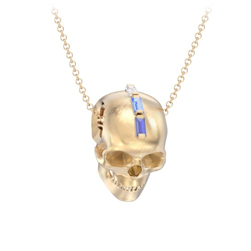Men's Skull Necklace with Baguette Gemstone Mohawk – 10K Yellow Gold with Blue Sapphire, Blue Topaz, and Cubic Zirconia