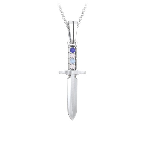 Men's Engravable Dagger Necklace with Gemstones – Sterling Silver with Blue Sapphire, Cubic Zirconia, and Blue Topaz
