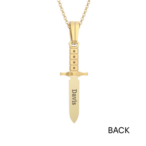 Men's Engravable Dagger Necklace with Gemstones – 10K Yellow Gold with Diamond, Blue Topaz, and Cubic Zirconia