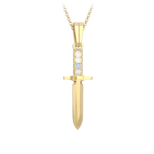Men's Engravable Dagger Necklace with Gemstones – 10K Yellow Gold with Diamond, Blue Topaz, and Cubic Zirconia