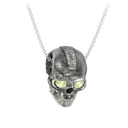 Men's Engravable Skull Necklace with Gemstone Eyes in 925 Sterling Silver with Peridot