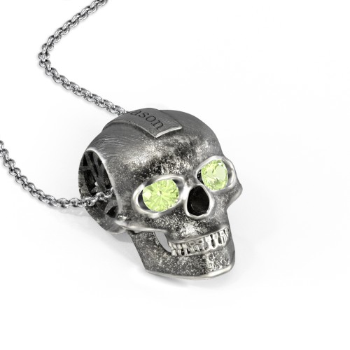 Men's Engravable Skull Necklace with Gemstone Eyes – Sterling Silver with Peridot