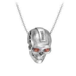 Men's Engravable Skull Necklace with Gemstone Eyes in 925 Sterling Silver with Garnet
