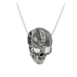 Men's Engravable Skull Necklace with Gemstone Eyes in 925 Sterling Silver with Diamond