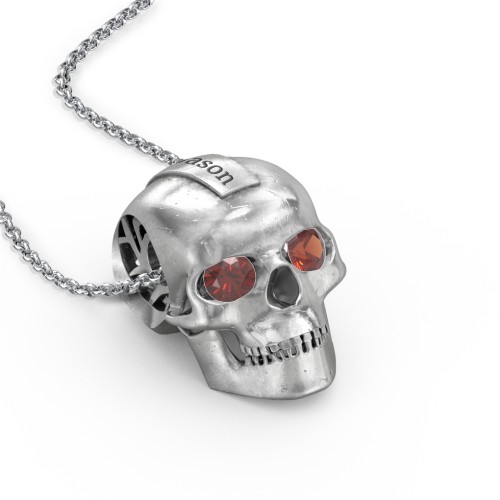 Men's Engravable Skull Necklace with Gemstone Eyes – Sterling Silver with Garnet