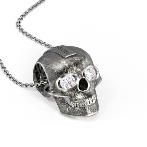Men's Engravable Skull Necklace with Gemstone Eyes – Sterling Silver with Diamond
