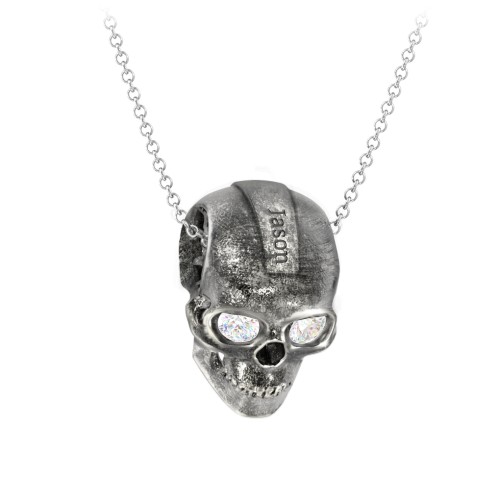 Men's Engravable Skull Necklace with Gemstone Eyes – Sterling Silver with Diamond