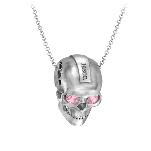 Men's Engravable Skull Necklace with Gemstone Eyes – Sterling Silver with Pink Tourmaline