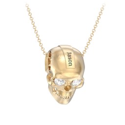 Men's Engravable Skull Necklace with Gemstone Eyes in 10K Solid Yellow Gold with Cubic Zirconia