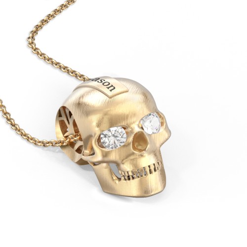 Men's Engravable Skull Necklace with Gemstone Eyes – 10K Yellow Gold with Cubic Zirconia
